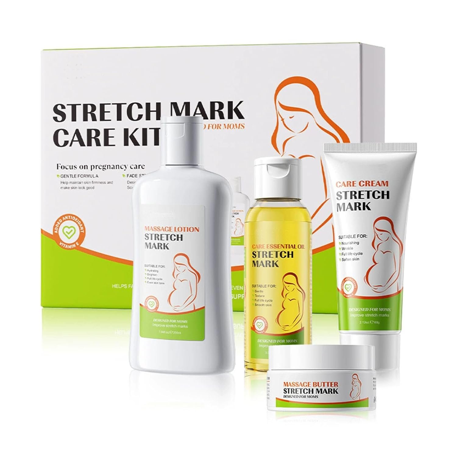 Pregnancy Skin Care Kit – Abdominal Firming, And Gentle Stretch Marks Eradication Skincare Body, Stretch Mark Care Cream, Massage Lotion, Care Essential Oil & Mark Massage Butter(4pcs)