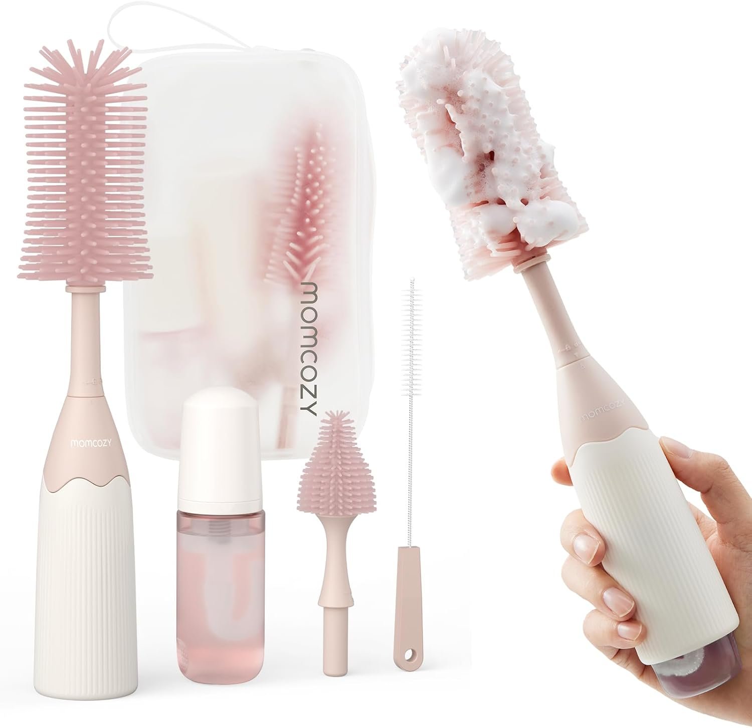 Momcozy Bottle Brush Kit with Push-Press Foam Design – Newborn Essentials Gift, Portable Cleaning Tool for Home & Travel, Baby Bottle Cleaner Brush for Breast Pumps & Nipples, Pink