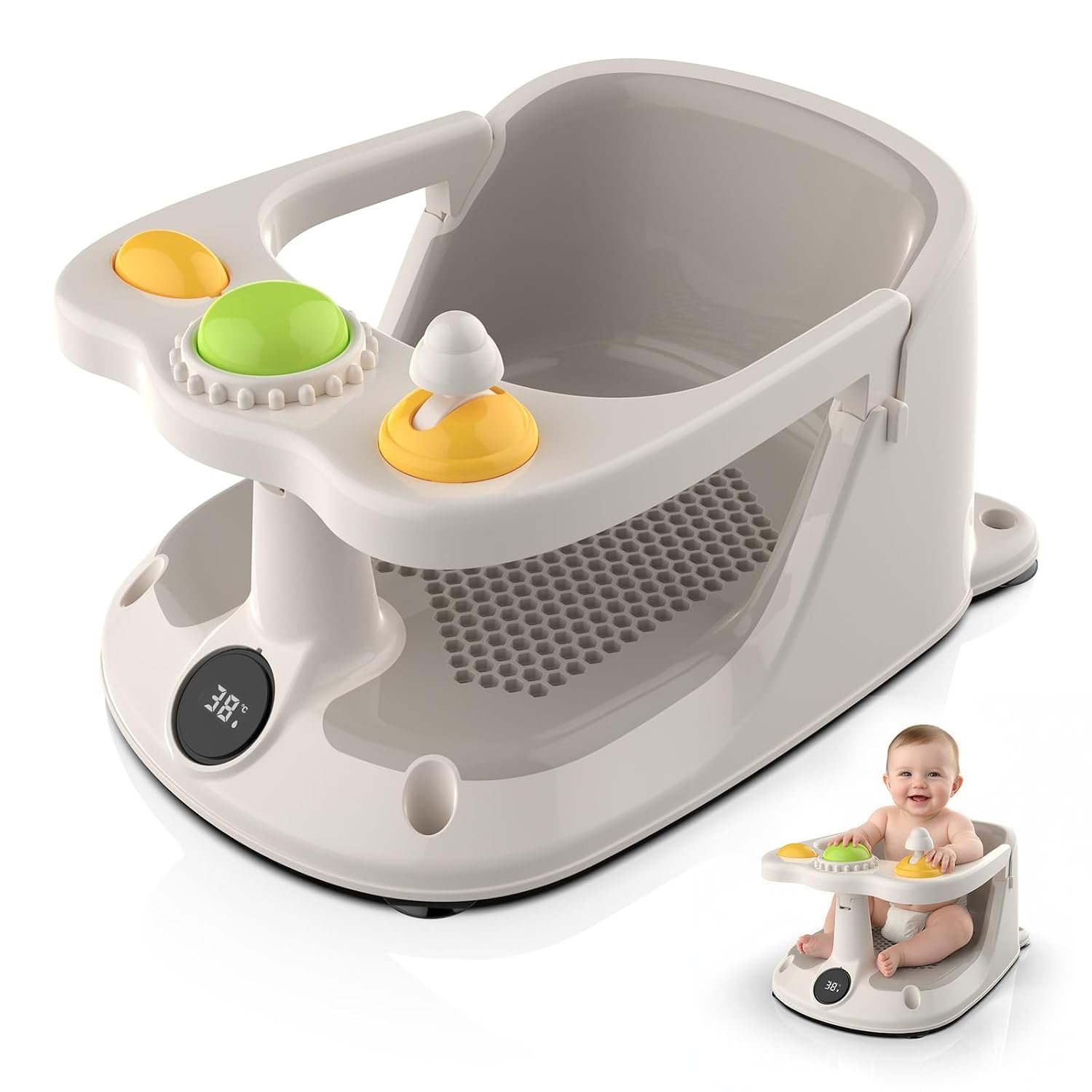 Baby Bath Seat for 8-18 Months, Non-Slip Toddler Bath Chair with Suction Cups & Temperature Display, Ergonomic Infant Bath Seat with Toy Tray, BPA-Free Baby Bath Tub Seat for Sitting Up