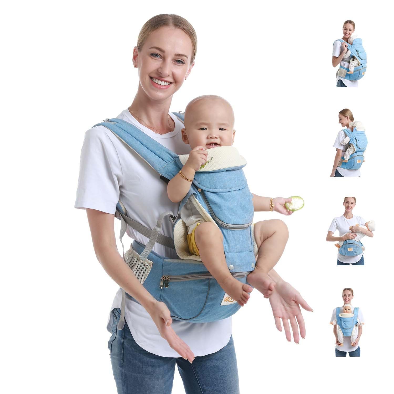 Tiger&Kitty Baby Sling Carrier,6-in-1 Ergonomic Backpack Front Newborn to Toddler Wrap,Lightweight Adjustable Baby Seat Carrier,Light Blue