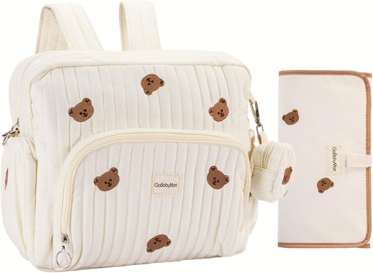 GOBABYMART Diaper Bag Backpack, Medium Maternity baby bag & Changing Pad, Insulated Pockets, Stroller Straps & Pacifier Case (Medium – Beige Bears)