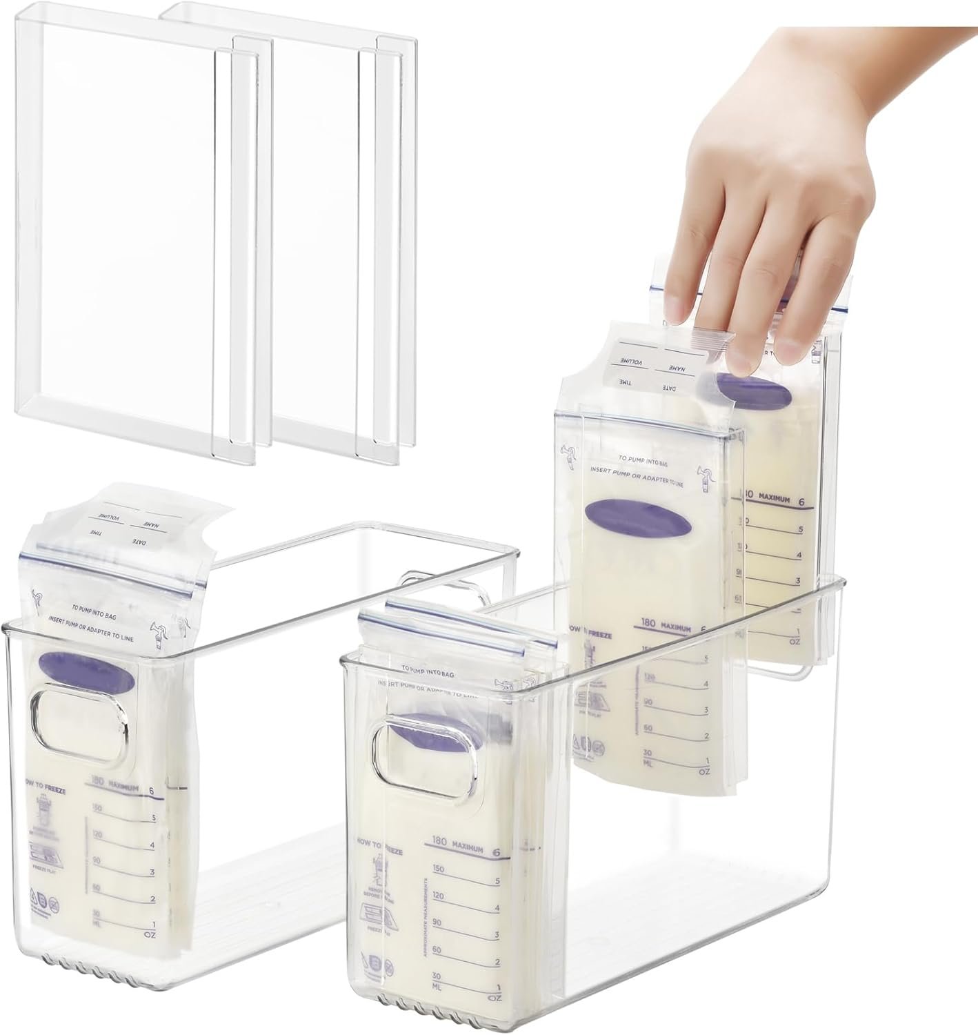Ugotfeels Breastmilk Storage Container with Freezer Flattener Kit to Flatten Standing Breast Milk Bags in Organizer Bins Save Refrigerator Space(2 Pack)