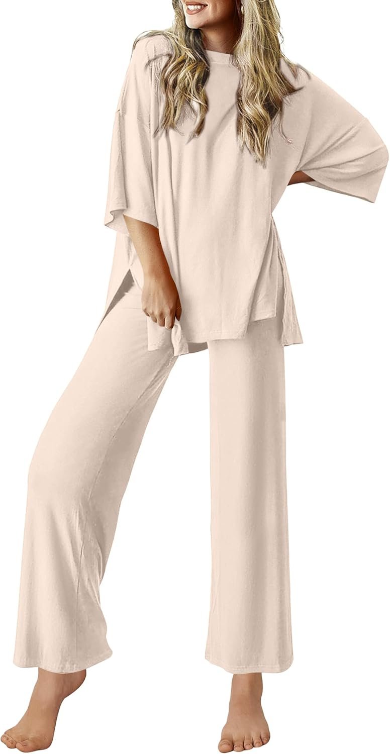 Ekouaer Lounge Sets for Women Short Sleeve Tops and Long Pants Soft Comfy Pajamas Set 2 Piece Outfits