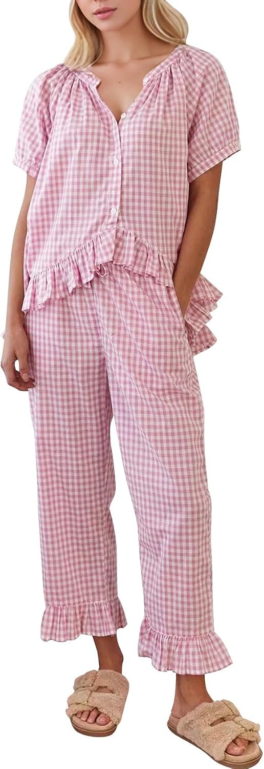 COZYPOIN Womens Gingham Pajama Set 2 Piece Plaid Cotton Pjs Cute Ruffle Sleepwear Maternity Bridesmaid Pajamas Loungewear