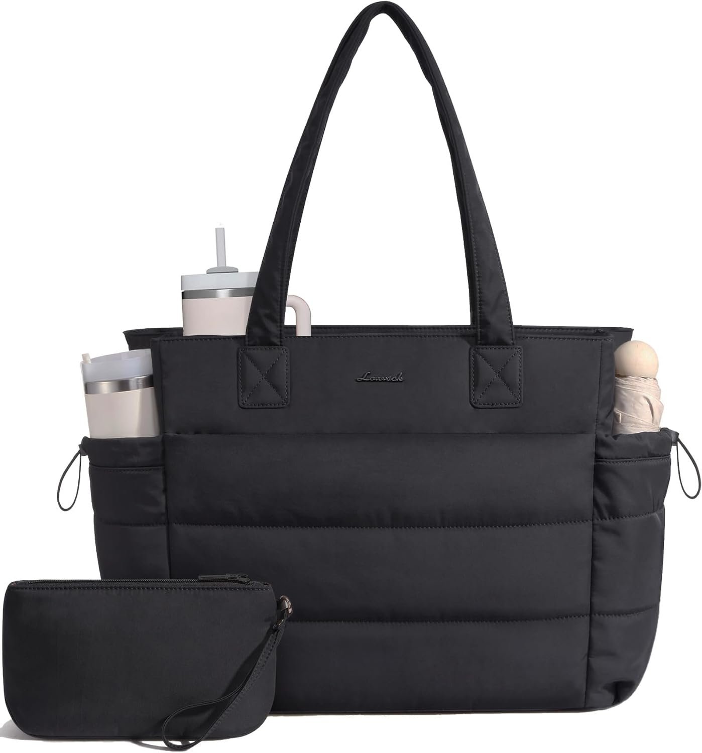 LOVEVOOK Tote Bag for Women with Giant Tumbler Holder Pocket, Puffer Work Travel Laptop Handbag with Zipper for Nurse Teacher