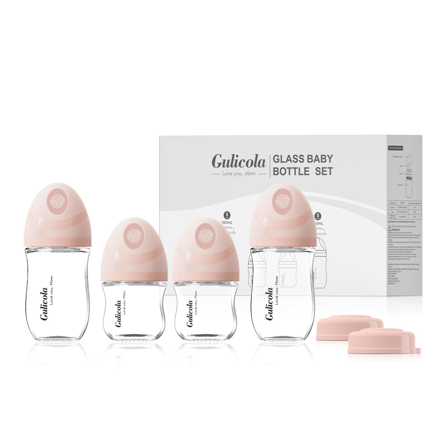 Gulicola Natural Glass Baby Bottles Set 4 Pack, Newborn Girl Breastfeeding Bottles with Slow Flow Nipples, 0 Months+, 3 oz & 5 oz – Pink