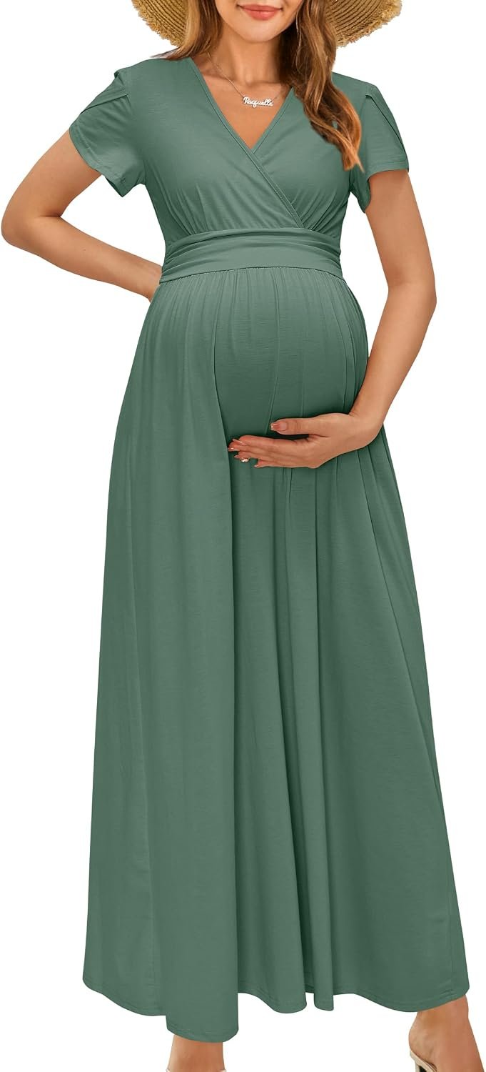 OUGES Maternity Maxi Dress Wrap Baby Shower Pregnancy Dresses for Photoshoot Maternity Outfits Summer Clothes 2026