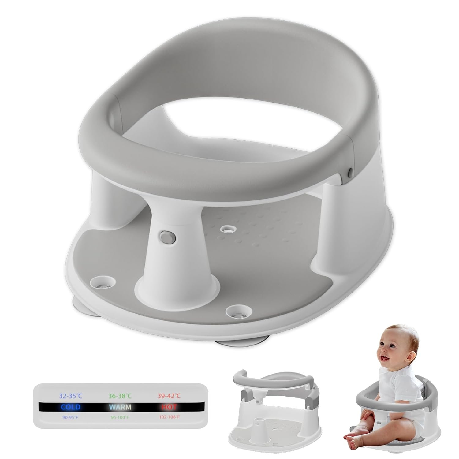 Baby Bath Seat for Babies 6 Months & Up – 360° Protection Baby Bath Chair with Temperature Alert & Cushion | Non-Slip Toddler Bathtub Seat | Newborn Infant Bath Tub Seats for Babies Sitting Up (Grey)