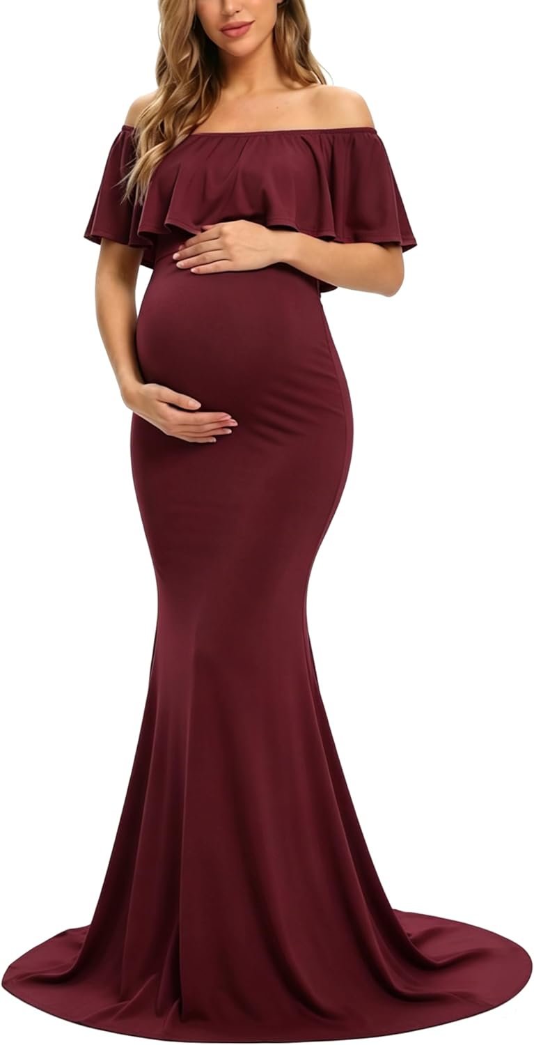 Glampunch Womens Off Shoulder Maternity Dress Ruffles Elegant Slim Gowns Fit Maxi Photography Dress