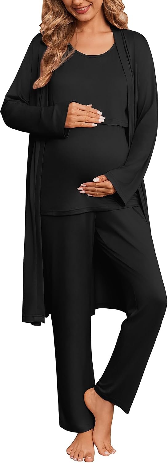 Ekouaer Maternity Sets 3 Pieces Labor and Delivery Gown Postpartum Essentials Nursing Pajamas Breastfeeding