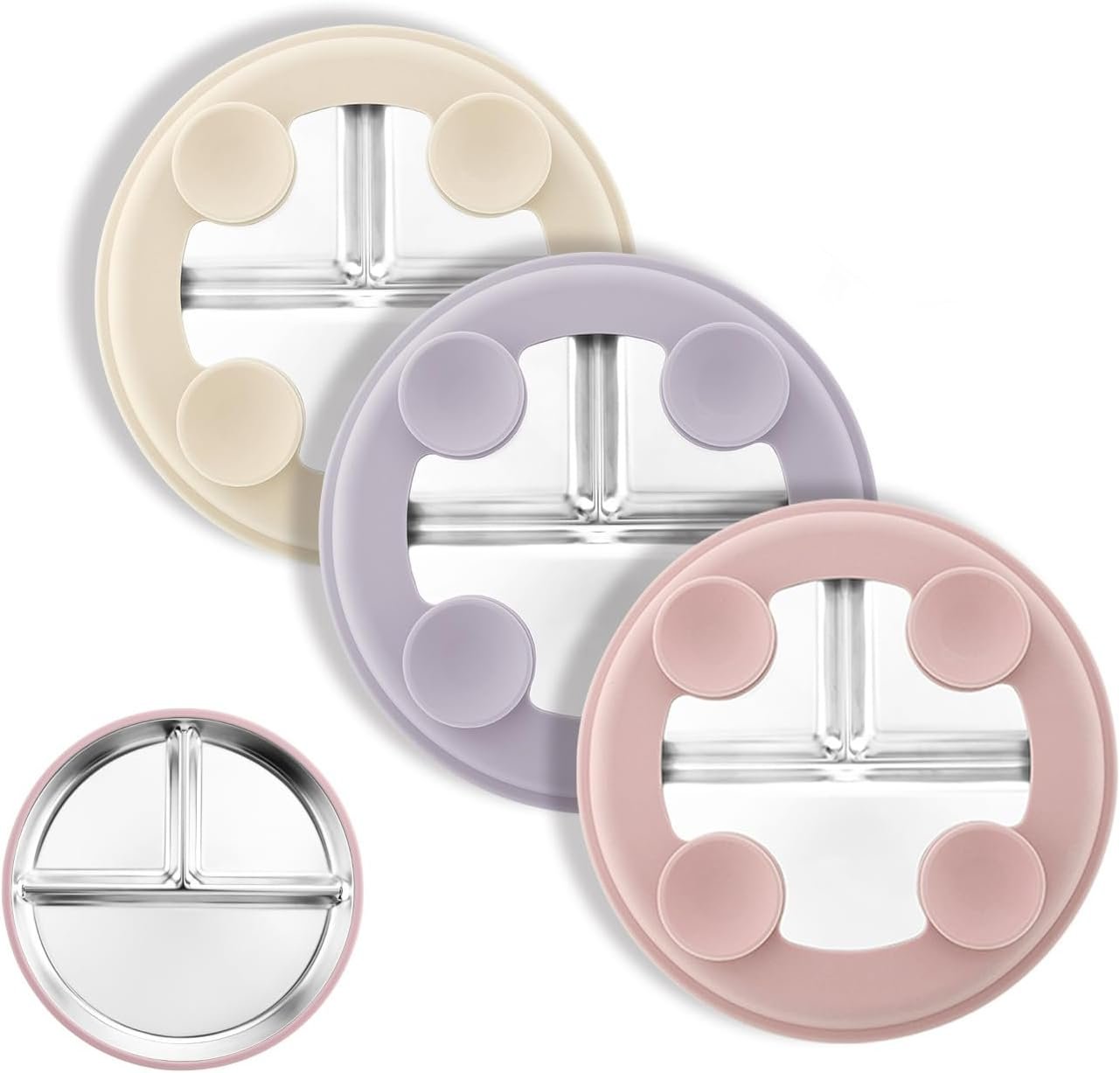 Bakpoco Stainless Steel Suction Plates for Toddlers, 8″ Divided Kids Baby Plates with Removable Silicone Suction, Non Toxic Non Slip Portion Control Snack Dishes 3 Packs, Pink Beige Lilac