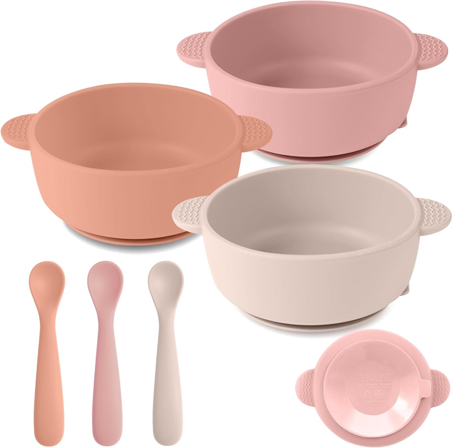 Eascrozn 3 Pack Baby Bowls with Suction and 3 Pack Baby Spoons, BPA Free, Silicone Baby Feeding Set for Babies Toddler Kids, Microwave and Dishwasher Safe