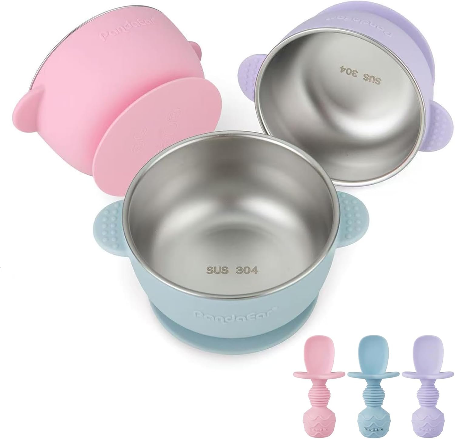 PandaEar 3 Pack Stainless Steel Suction Baby Bowls & 3 Silicone Baby Spoons | Non-Slip Stay Put Bowls & Anti-Choke First Stage Spoons for Toddlers, BPA-Free Baby Led Weaning Set