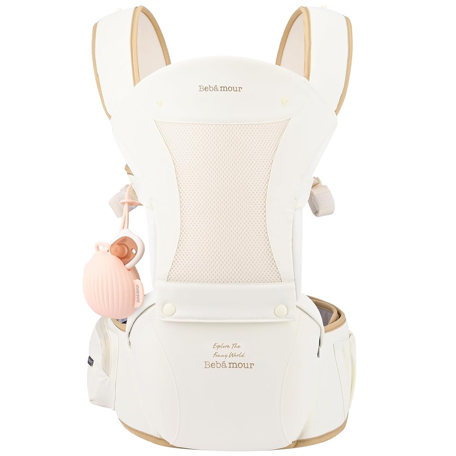 Bebamour Baby Carrier with Hip Seat,All-Position Breathable Mesh Hip Seat & Carrier 0-36Months with Head Hood, 3 PCS Teething Pads, Waist Extender,Storage Bag & Pacifier Case,Khaki