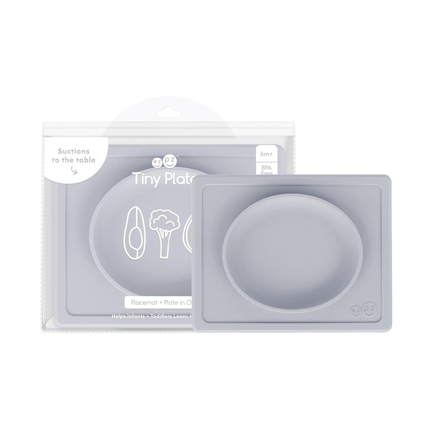 ezpz Tiny Plate (Pewter) – 6 Months+ – 100% Silicone Suction Placemat + Plate for Infants – Fits on Most Highchair Trays – Baby Led Weaning Supplies