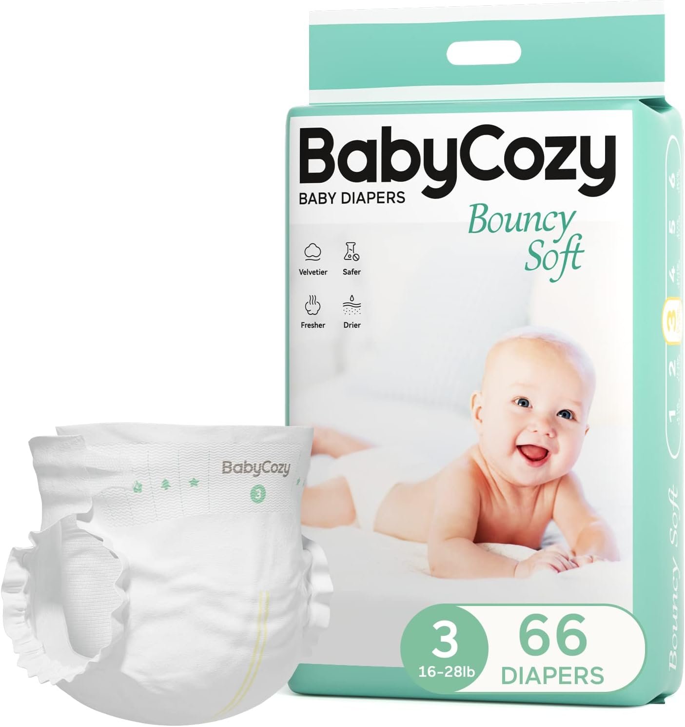 Baby Diapers Size 3(16-28lb),66 Count Babycozy Dry Disposable Diapers,Bouncy Soft Diapers Hypoallergenic Without Chlorine, Eco Friendly,Stop Overnight Diapers Leak