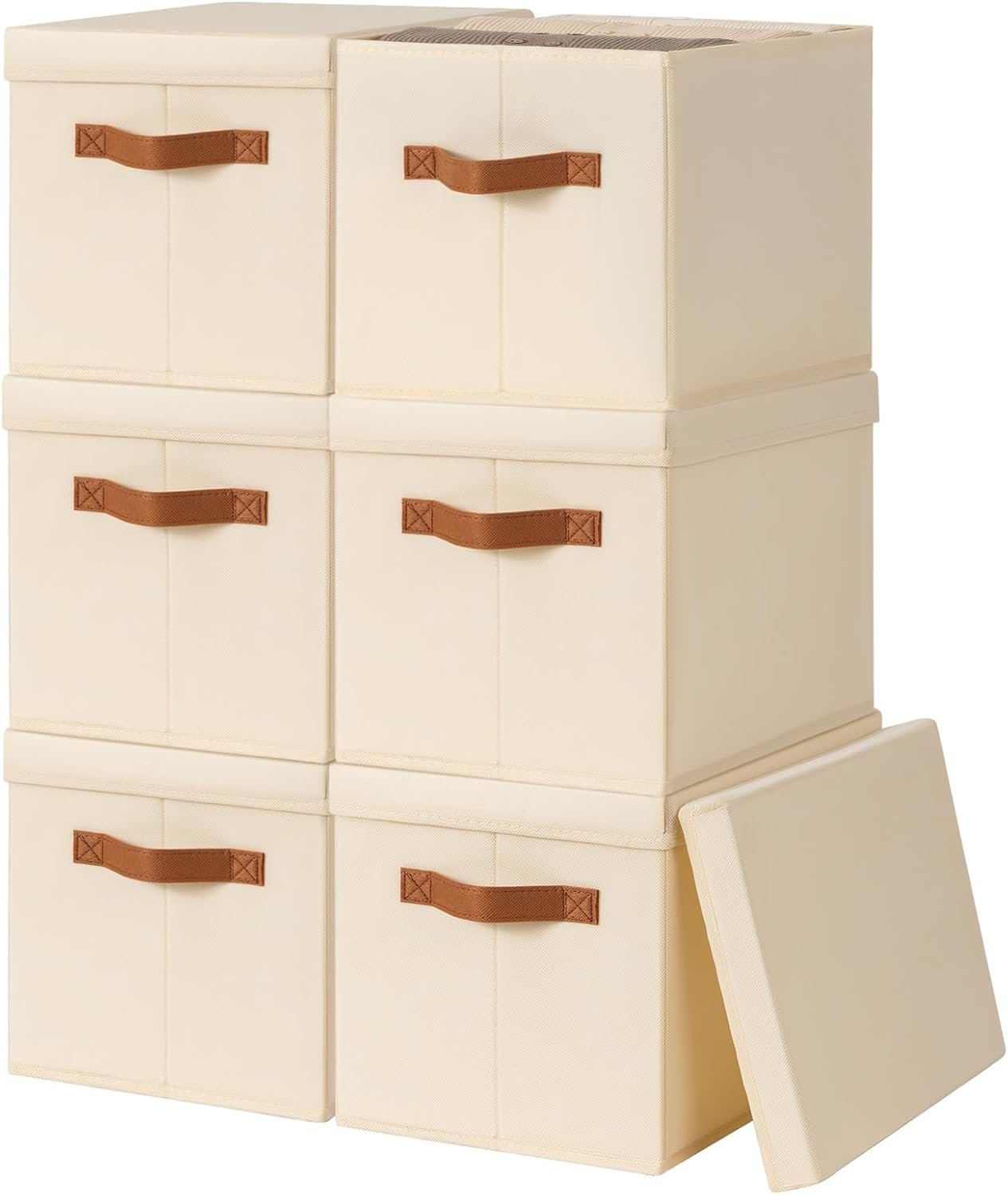 Homsorout Storage Bins with Lids – Fabric Storage Baskets for Shelves, 6 Pack Foldable Decorative Boxes with Handles, Stackable Organizer Bins for Home, Nursery, Dorm, Beige