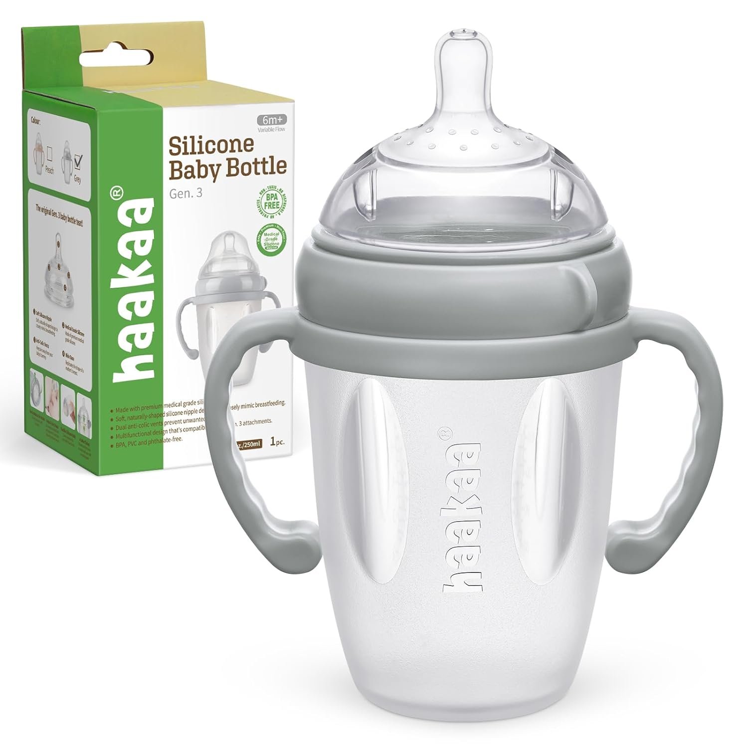 haakaa Gen. 3 Silicone Baby Bottle 250ml /8.4oz – Baby Bottles for Babies 6M+, BPA-Free Breastfeeding Baby Bottle with Natural Latch, Variable Flow Anti-Colic Silicone Baby Bottle– Grey