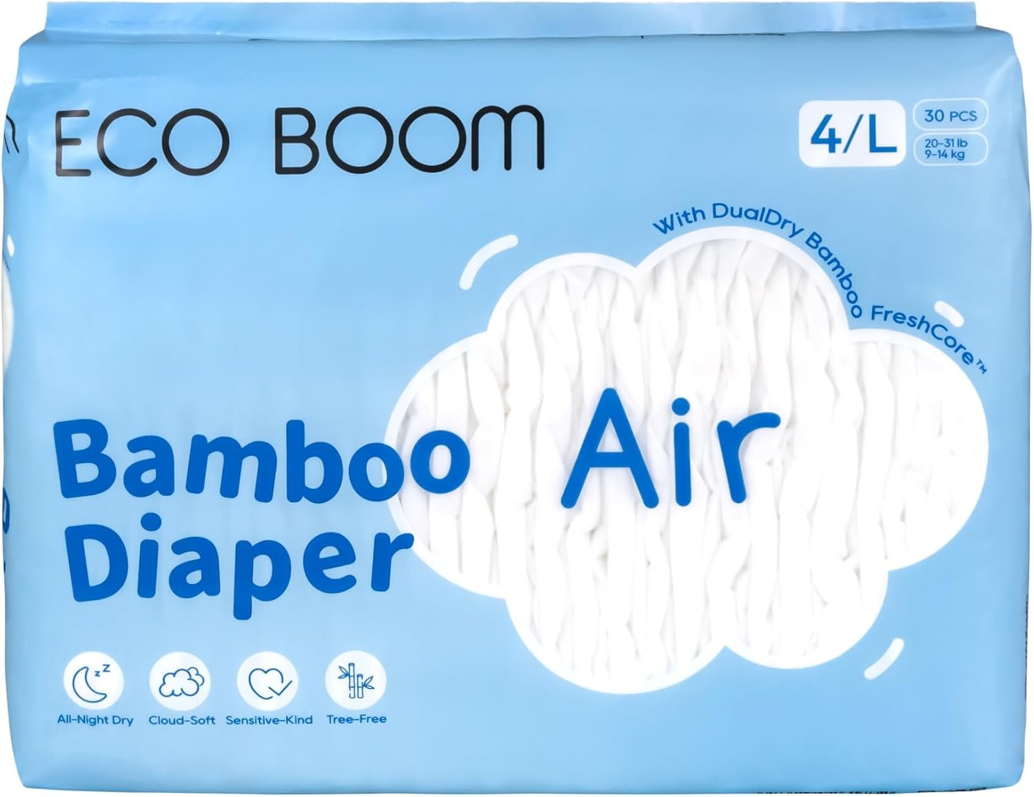 ECO BOOM Air Diapers, Tree-Free & Gentle for Sensitive Skin, Ultra Soft & Breathable, Reliable Overnight Protection, Size 4, 20-31 lbs