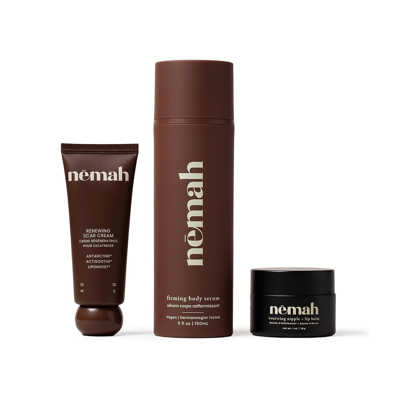 Nemah Postpartum Set, Restorative Scar Cream With Antarcticine, Nursing Nipple Balm With Calendula Jojoba Mango, Firming Body Serum With Oat Extract And Ashwagandha, 3 Step Routine