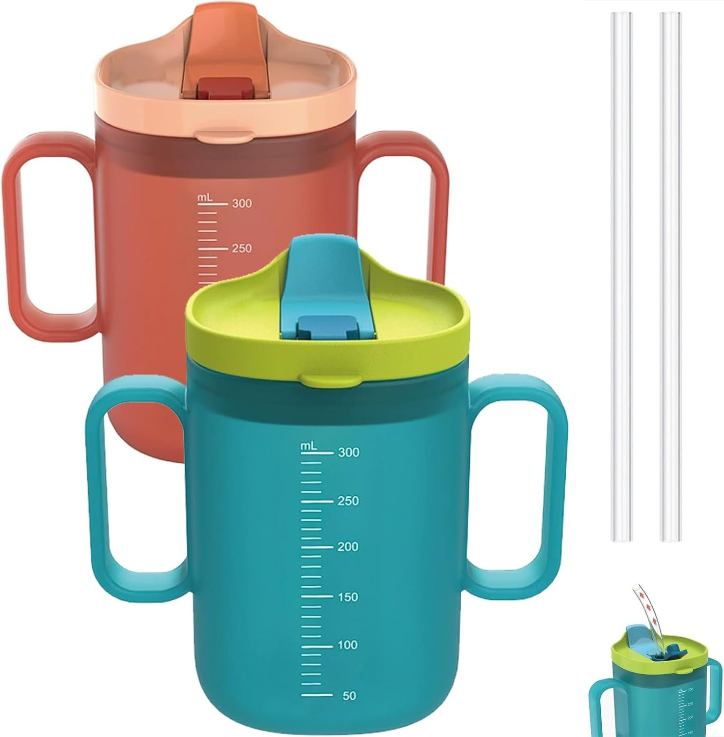 2 Pack Senior Water Cup Sippy Cups for Elderly, Safe Silicone Spill Proof Cups with 2 Handles Straw and Lid for Adults for Hospital Patients, Elderly, Pregnant, and Disabled (Blue+Orange -2 Pack)