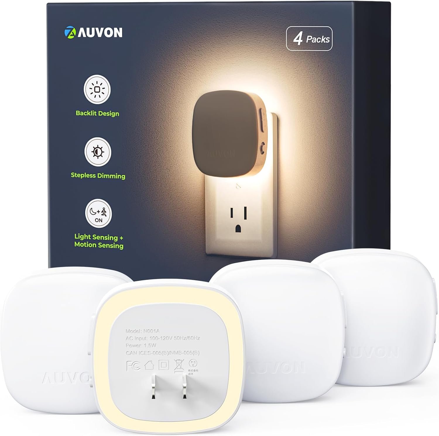 AUVON 4 X Plug-in LED Backlit Night Light with Motion & Dusk to Dawn Sensor | 2200K Soft Warm White Nightlight with 1-50lm Dimmable Brightness for Adults & Kids’ Bedroom, Bathroom, Hallway