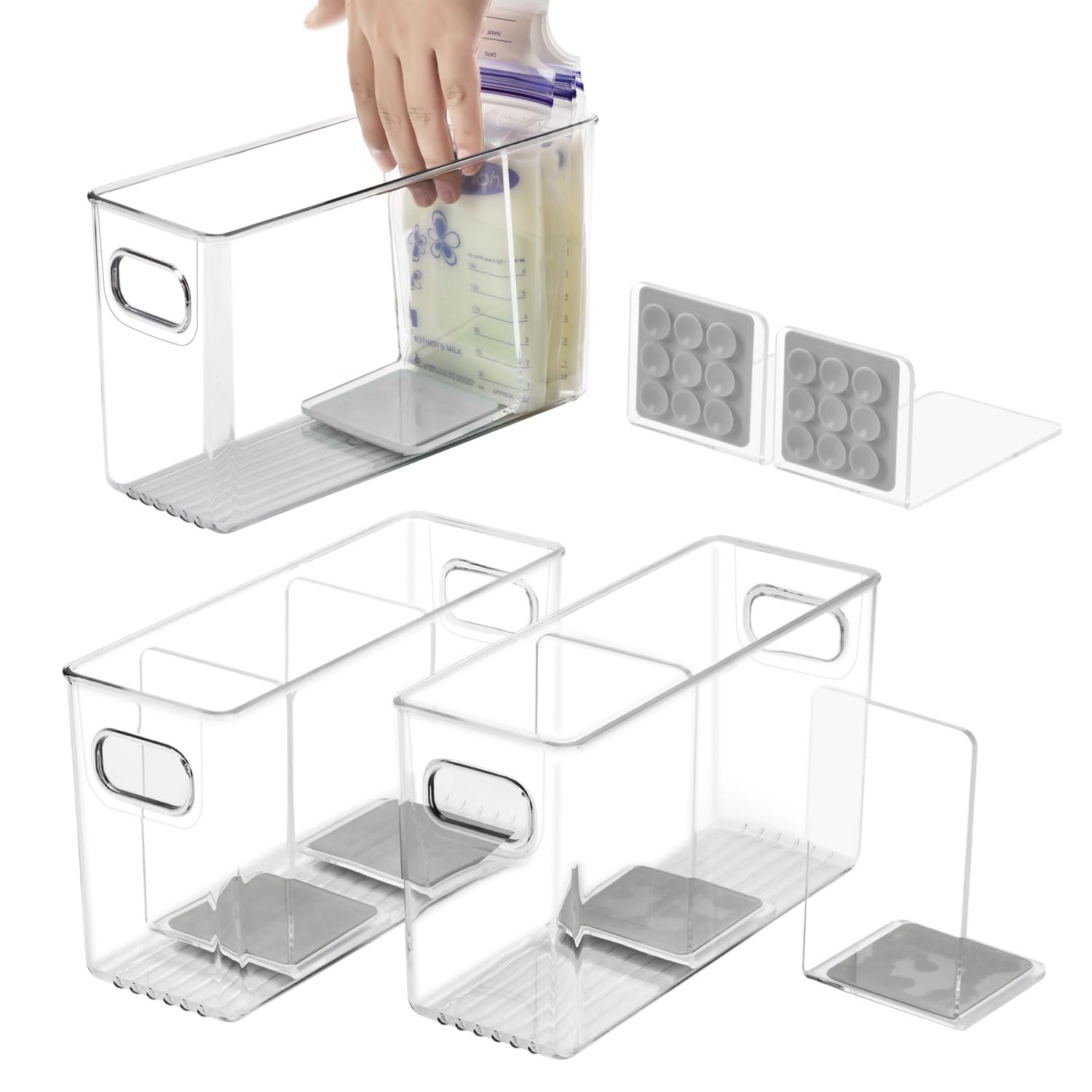 Breastmilk Storage Container with L Shaped Dividers to Flatten Standing Breast Milk Bags in Organizer Bins Save Refrigerator Space | 2 Containers with Removable Separator Boards – Gray