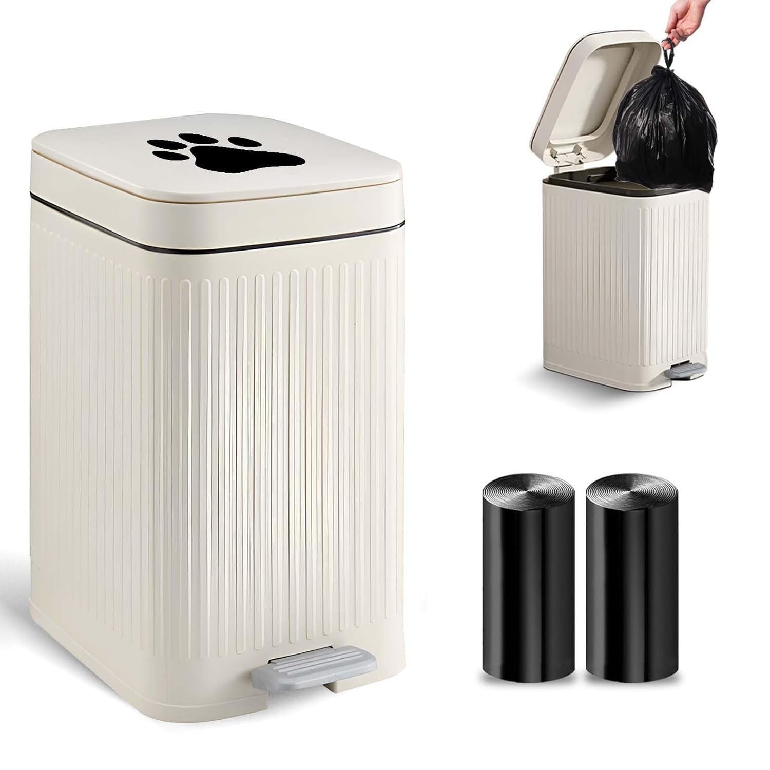 Dog Poop Trash Can Outside, 5L/1.3 Gal Pet Poop Bucket with Lid, Foot Pedal, Dog Waste Container with 40 Bags, Lid Soft Close for Pet, White