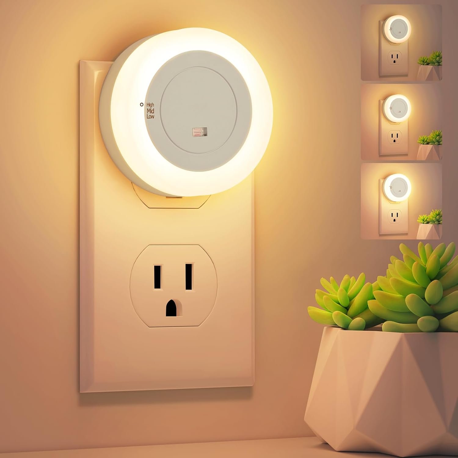 FOLKSMATE LED Night Lights Plug in, 2-Pack Dimmable Nightlight Plug Into Wall with Light Sensor, Soft White Adjustable for Adults, Bedroom, Bathroom, Livingroom