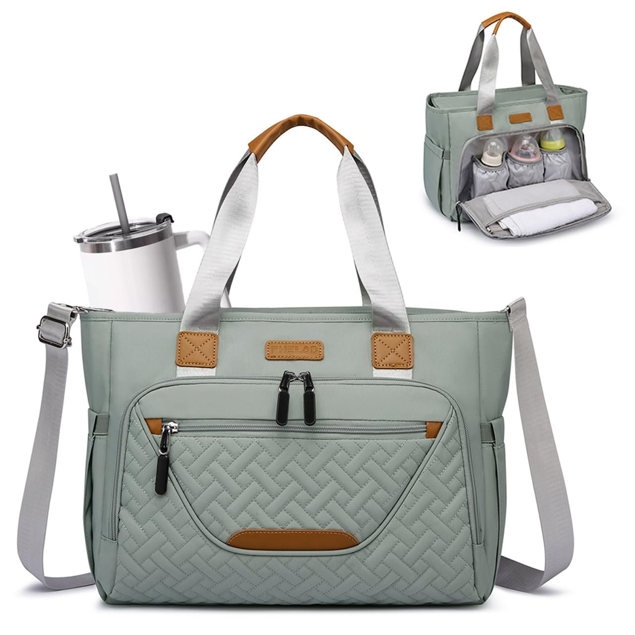 FHELAD Diaper Bag Tote, Large Tote Diaper Bag with 16″ Laptop Compartment, Baby Bag with Insulated Pocket for Mom and Dad, Ideal for Travel, Work (Morandi Grey)