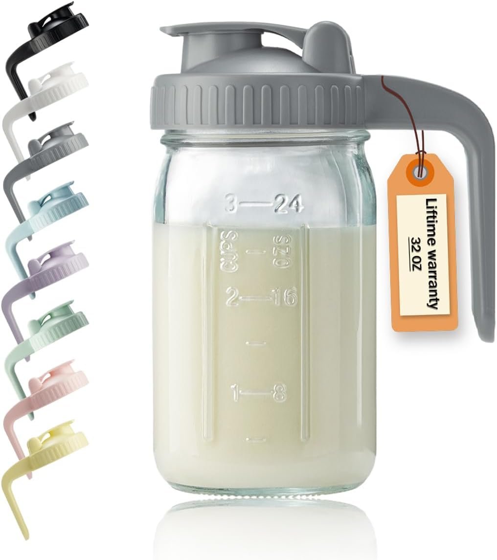 32oz Glass Pitcher with Lid & V-shaped Pour Spout – 1 Quart Breastmilk Pitcher Double Leak Proof, Creamer Container for Sun Tea, Juice, Cold Brew Coffee, Breastmilk Storage Container