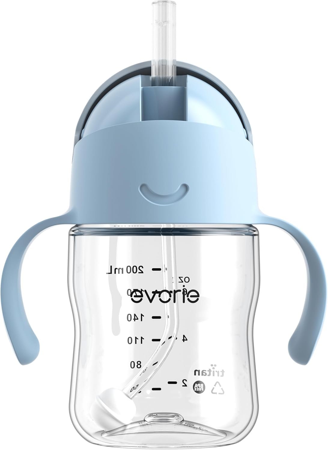 Evorie Tritan Weighted Straw Sippy Cup with Handles for Baby and Toddlers, Spill Proof Baby Water Bottle with Straw for 6 Months and up, 7 Oz, Infant Training Water Bottle (Blue)