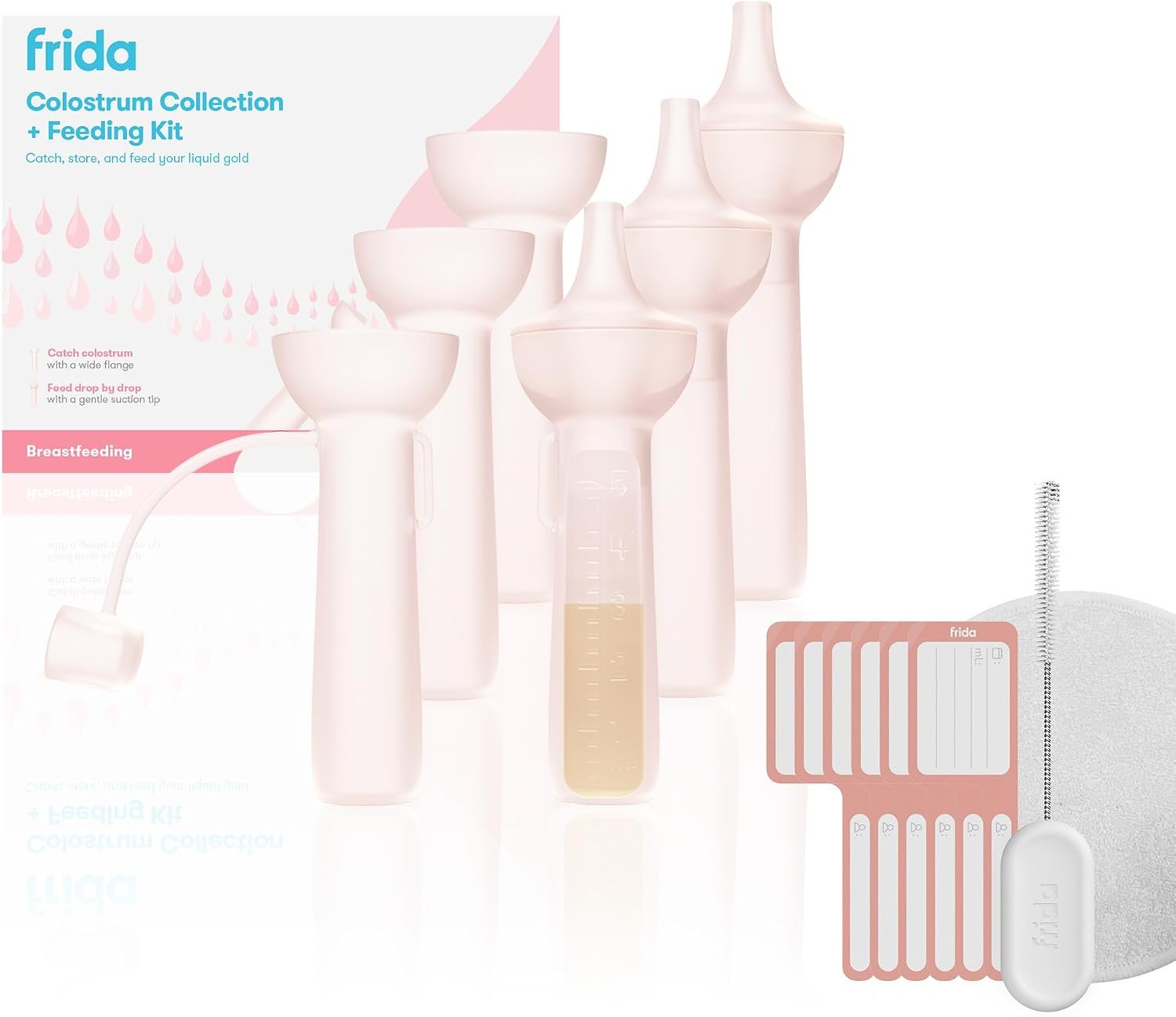 Frida Mom Colostrum Collection Kit, Catch, Store & Feed Breastmilk, Includes 6 Colostrum Collectors, 6 Labels, Cleaning Brush, Cloth & Case, Hospital Bag Ready, Safe Materials, 15pc kit