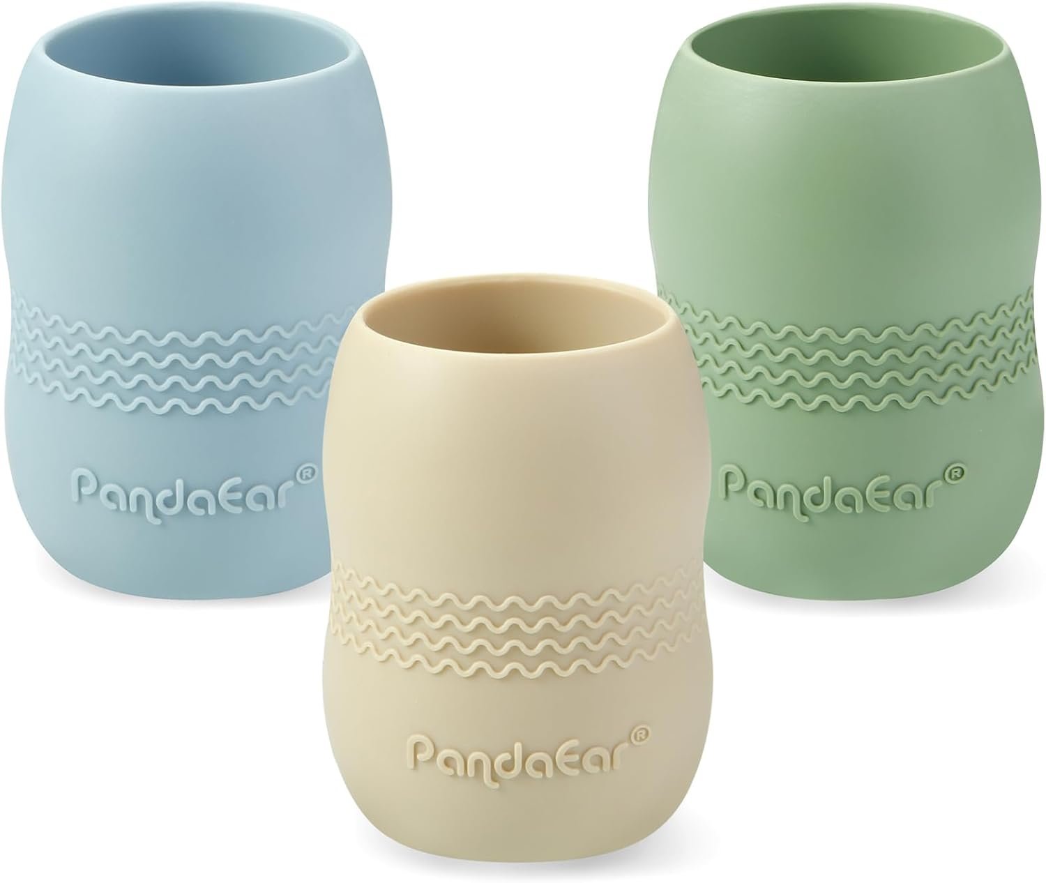 PandaEar 3 Pack 100% Tiny Silicone Drinking Training Cup for Baby and Toddler, Tiny Open Cups for Infants, 3.5oz (Blue/Green/Tan)