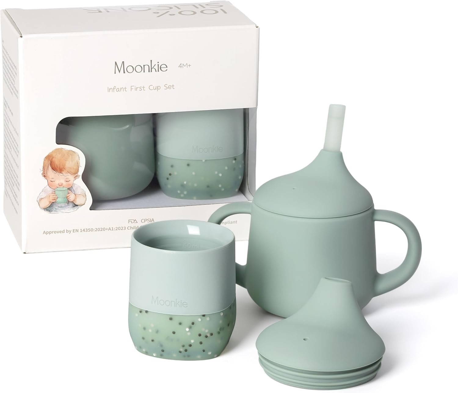 Moonkie Baby Training Cup & Sippy Cup Set | 4 Months+ | Baby-Led Weaning Essential | Gift for Infants (Mint Cup Set, 2 Pack)