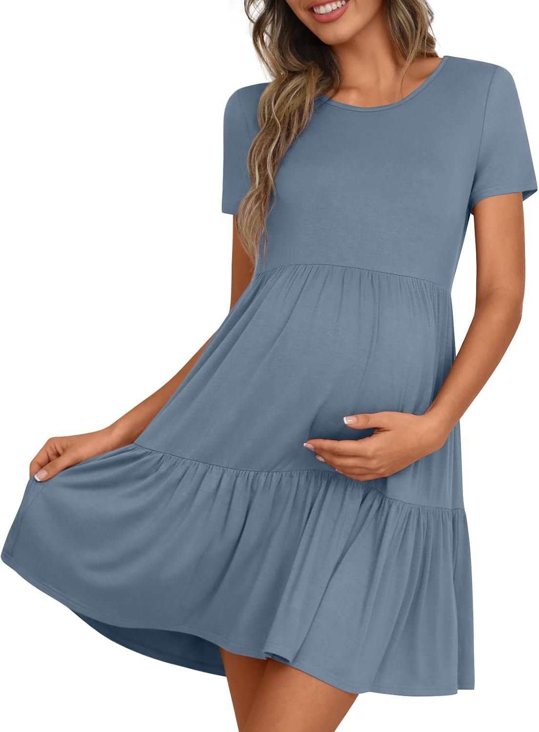 Women’s Maternity Summer Short Sleeve Dresses Ruffle Tiered Swing Loose Fit Pregnancy Dress