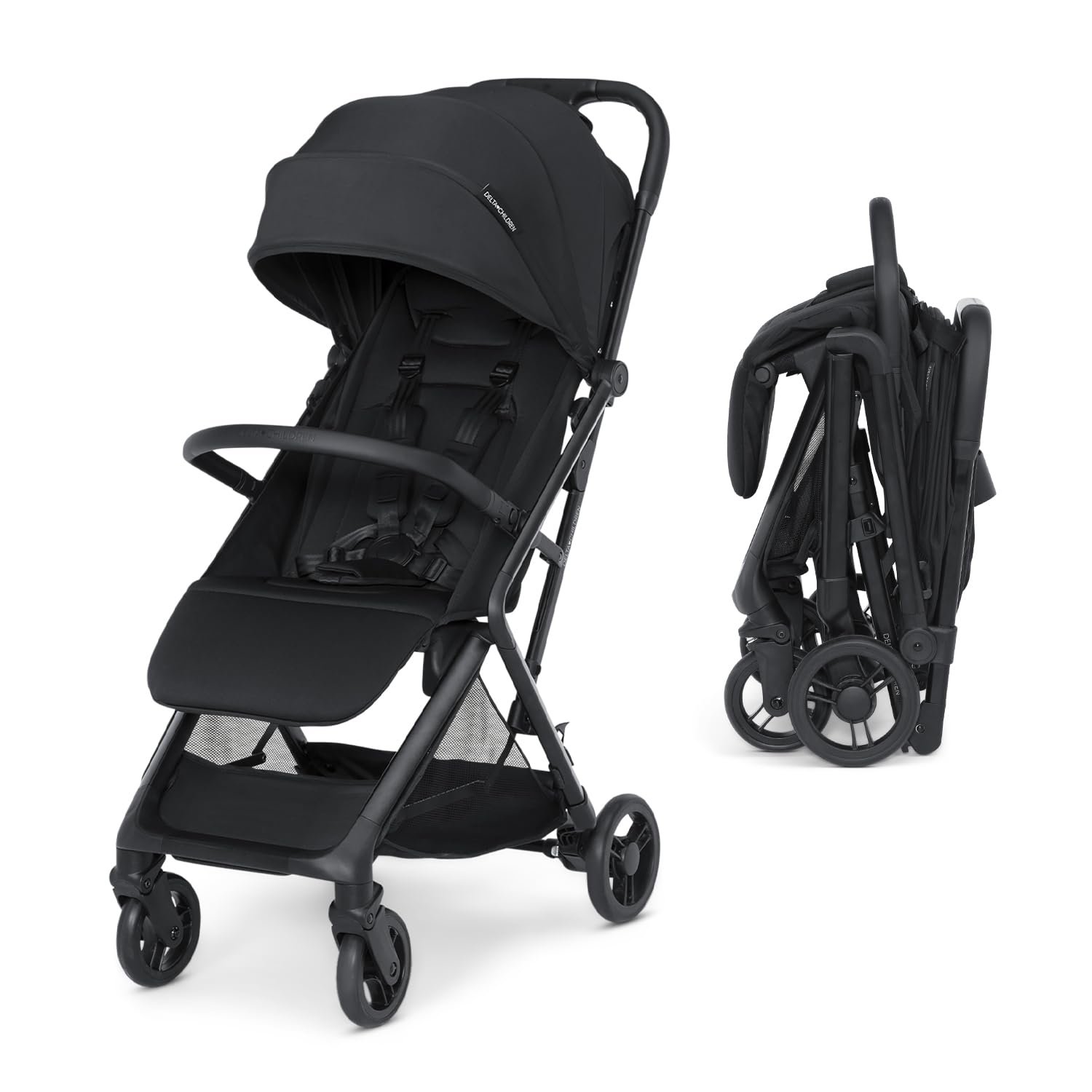 Delta Children Icon Ultra Compact Lightweight Everyday & Travel Stroller – One-Hand Fold – Only 15.6 Pounds – Fits in Overhead Compartments – Greenguard Gold Certified – Multi-Position Recline,Black