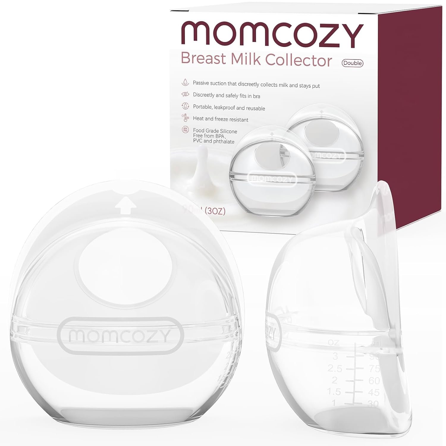 Momcozy Breast Milk Collector, Large Capacity for High Milk Supply, Milk Collectors for Breastfeeding, Reusable Soft Silicone Breast Shells, (3oz/90ml, 2PCS)