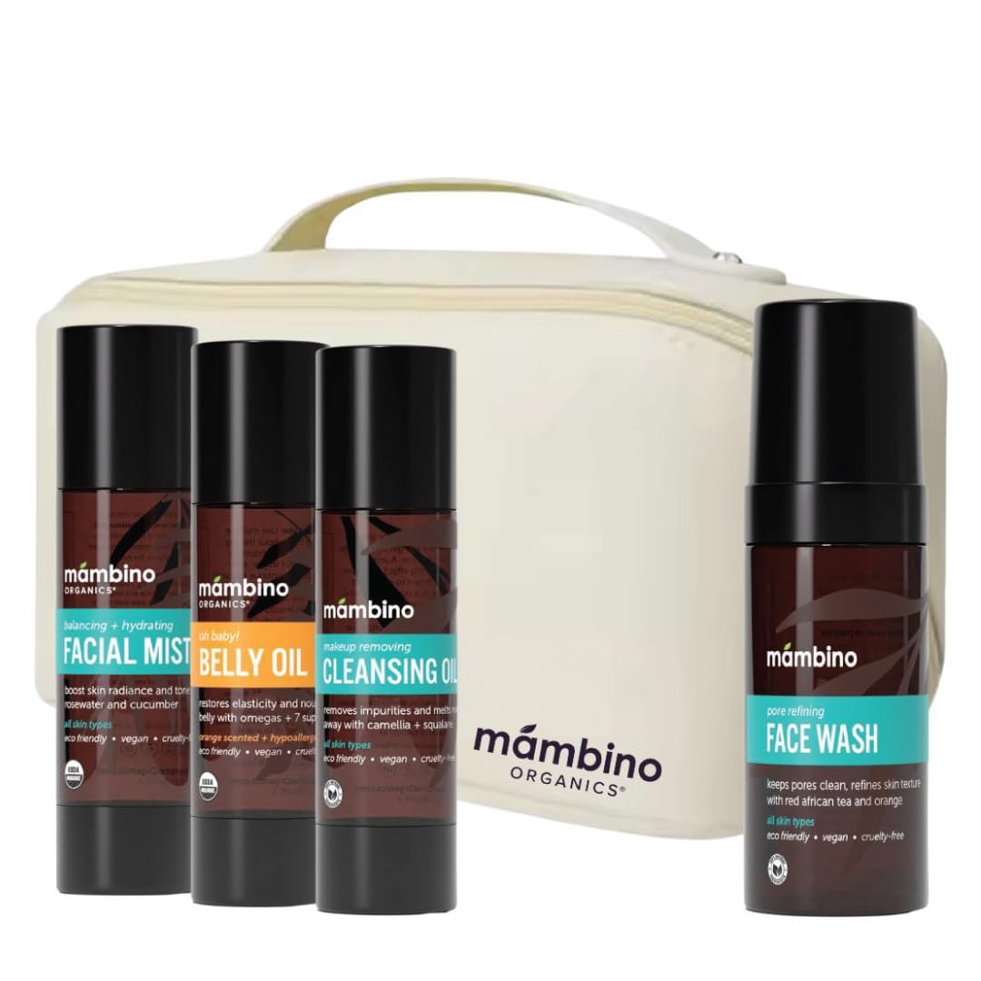 Mambino Organics Third Trimester Skincare Set, Pregnancy Skin Care Kit with Belly Oil, Rose Facial Mist, Cleansing Oil, Face Wash + Free Bag