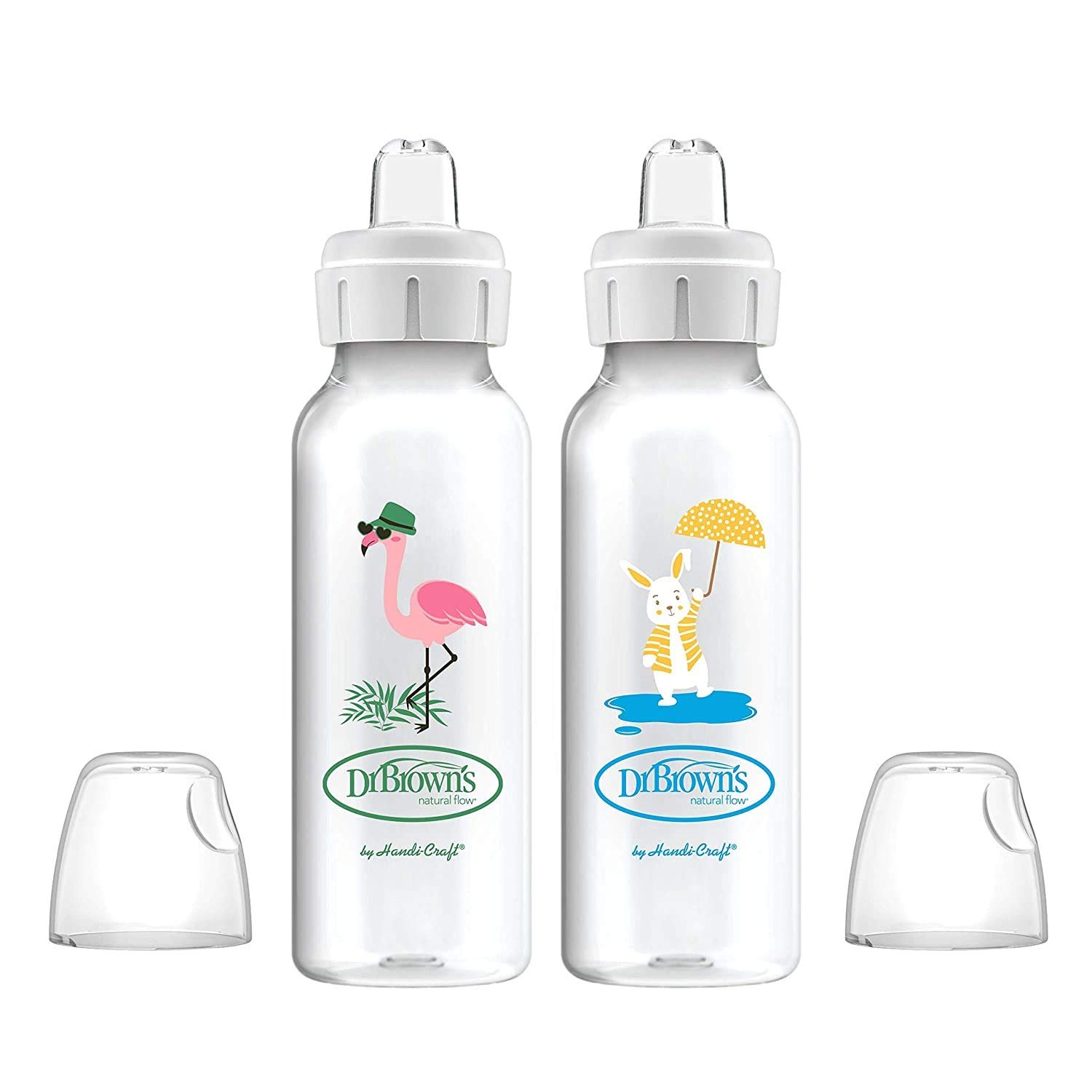 Dr. Brown’s Milestones Narrow Sippy Bottle, 100% Silicone Soft Sippy Spout, 8oz/250mL, Flamingo & Bunny, 6m+