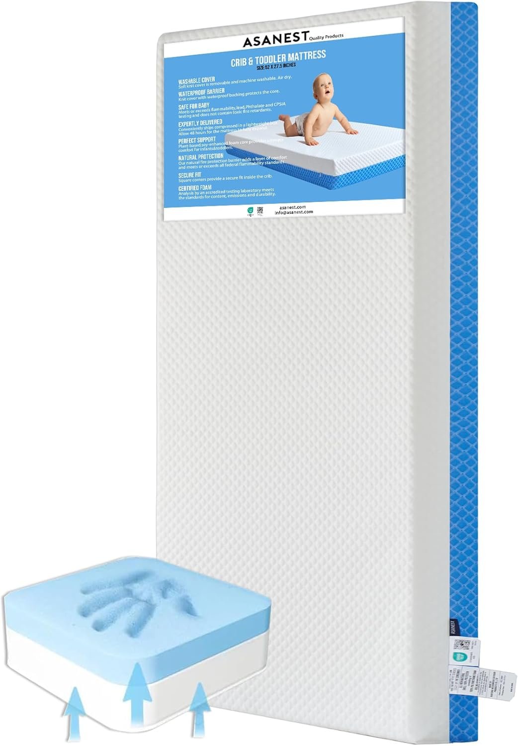 Dual Sided Comfort Gel Memory Foam Breathable Baby Bed Mattress for Crib, Premium for Infant and Toddler with Removable Outer Cover, White & Blue, Standard Size 52 x 28 x 5 Inches