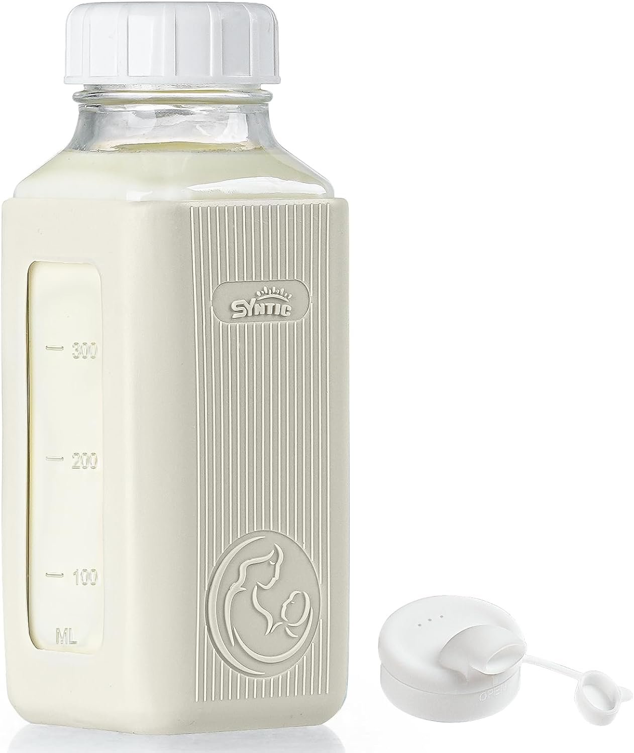 Syntic 1 Pack 16 Oz Glass Milk Storage Bottle with Airtight Lid & Pour Spouts, Milk Storage Containers for Fridge with Clear Scales – Milk Collection Bottles with Gray Protective Case