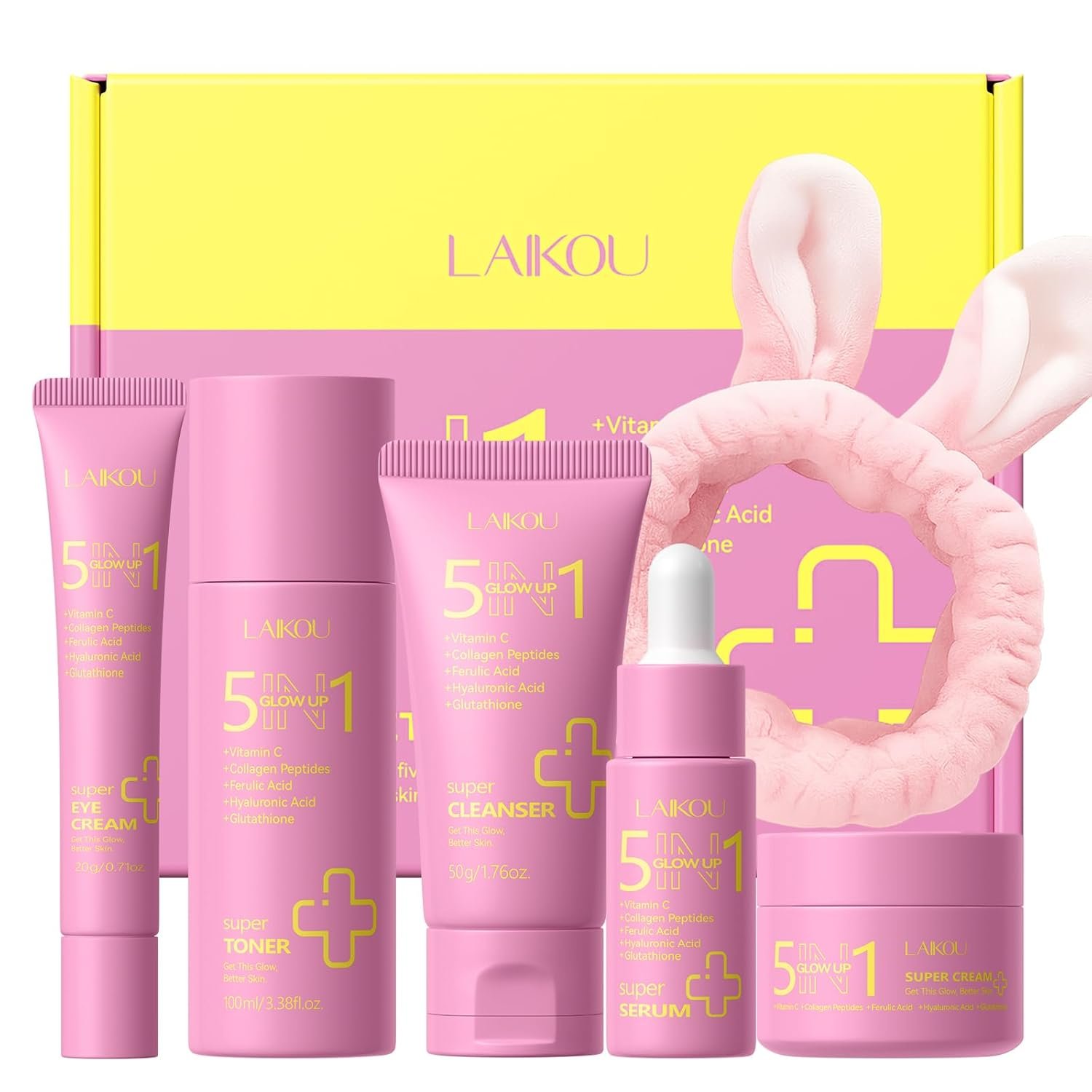 LAIKOU 5 in 1 Skin Care Set, Glow up Gift Set for Women, Skincare Gift Set with Hydrolyzed Collagen Eye Cream, Toner, Cream, Serum, Cleanser and Headband for Women Teen Girls Mother’s Day Christmas