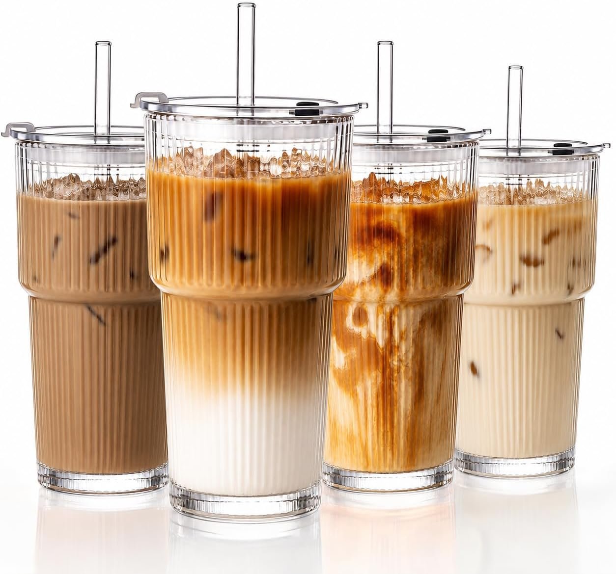 GOSCHE 20oz Glass Tumblers with Straws and Lids, Ribbed Iced Coffee Cups Leak-proof, Dishwasher Safe, Thickened Glass Cups with Lids Ideal for Coffee and Travel, Clear, 4 Pack
