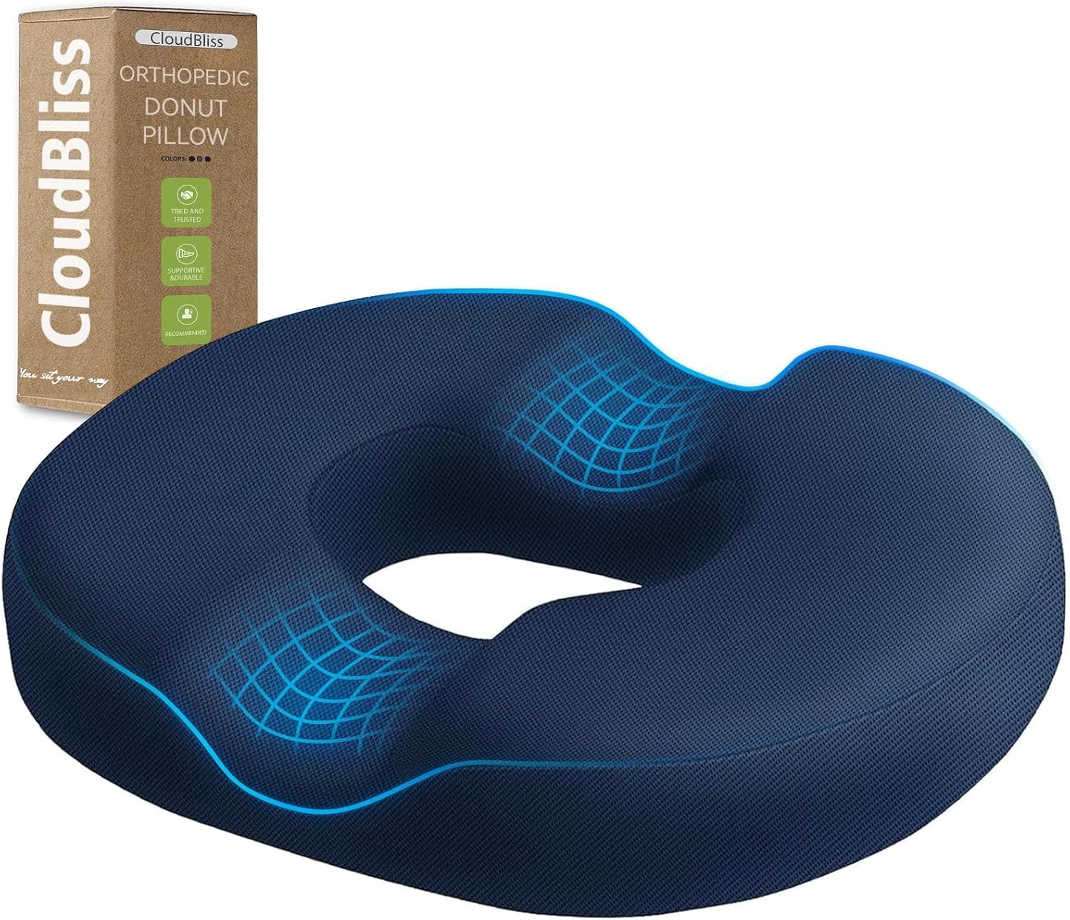 CloudBliss Donut Pillow Stadium Seat Cushion for Tailbone Pain Relief and Hemorrhoids, Memory Foam Seat Chair Cushion, Portable Seat Cushions for Bleachers, Car, Home & Office