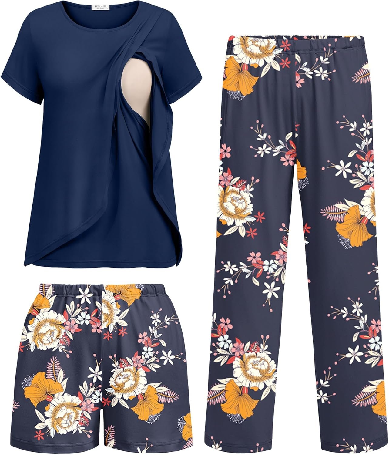 Ekouaer 3 PCS Maternity Nursing Pajamas Set Postpartum Breastfeeding Short Sleeve Shirts, Pregnancy Shorts & Pants Pjs S-XXL