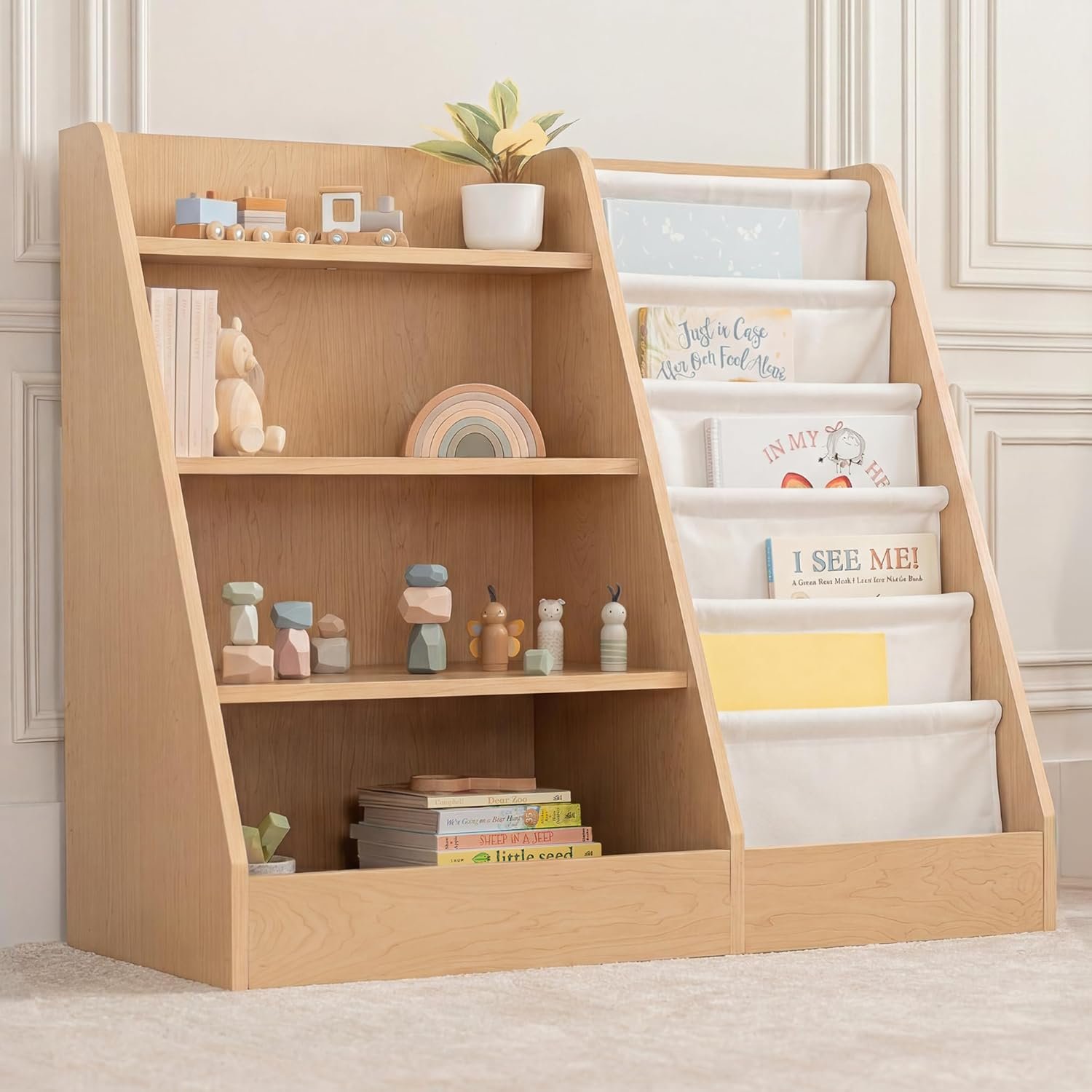 Comfy Cubs Kids Bookshelf 35.2 x 15.7 x 31.5 Inches – Sturdy MDF Montessori Book Shelf with Soft & Hard Shelves for Toys & Books – Child-Friendly, Easy Access Storage Organizer for Kids – Wood