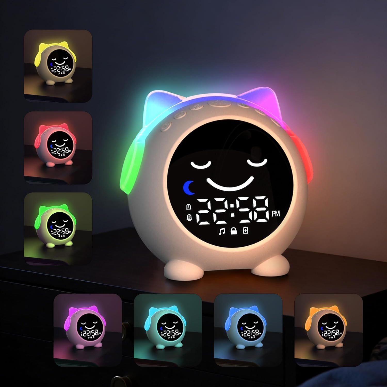 Kids Alarm Clock for Sleep Training,Sleep Trainer,Ok to Wake Clock,Cute Cat Alarm Clock for Girls Boys Toddler with 10 Night Lights,9 Music Sounds, Auto-Off Timer,Cream White (V1)