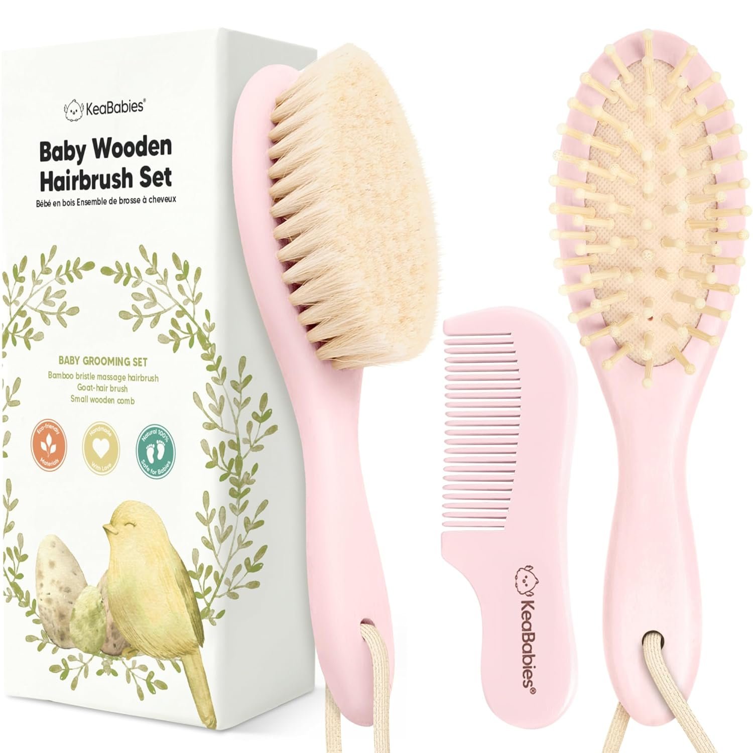 Wooden Baby Hair Brush Set for Newborns, Toddlers – Soft Goat Bristle Baby Brush and Comb Set Newborn Grooming Kit for Cradle Cap Care, Durable & Gentle, Boy, Girl Infant Essentials (Regular, Blush)