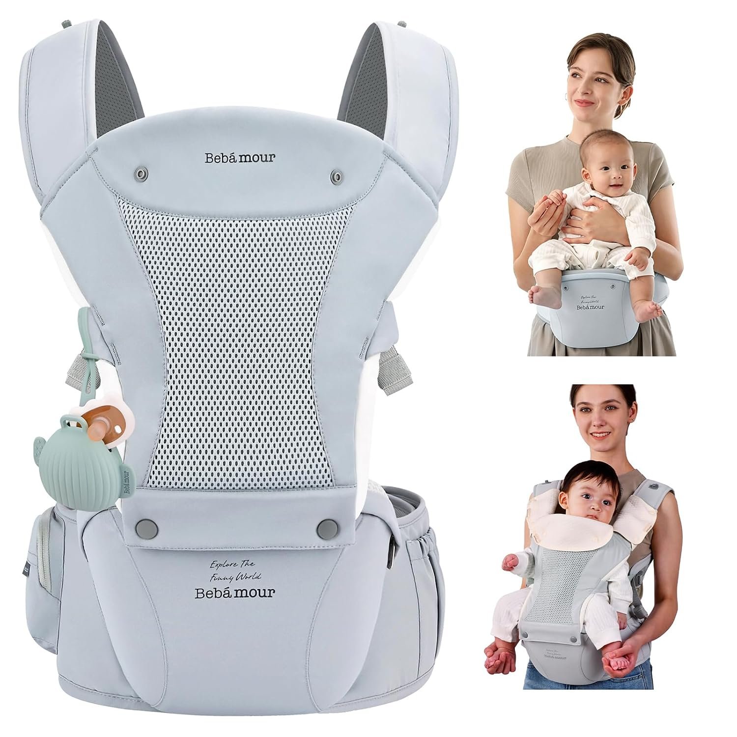 Bebamour Baby Carrier with Hip Seat,All-Position Breathable Mesh Hip Seat & Carrier 0-36Months with Head Hood, 3 PCS Teething Pads, Waist Extender,Storage Bag & Pacifier Case,Blue
